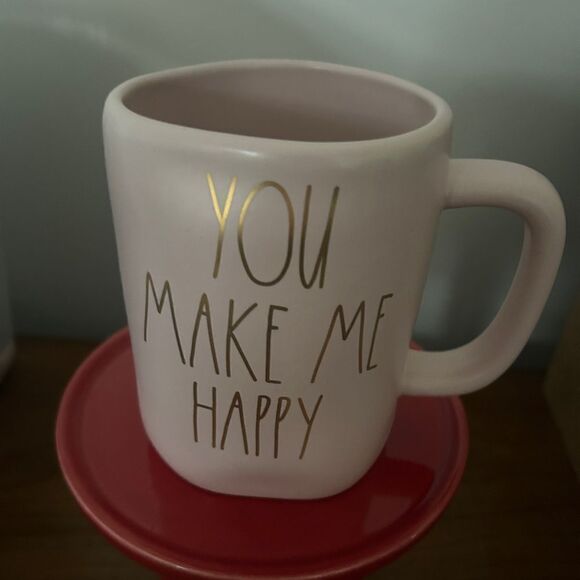 Rae Dunn YOU MAKE ME HAPPY Mug GOLD writing - PINK - Ceramic - Valentine's Day - Picture 1 of 1